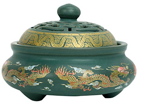 Keramik Weihrauchbrenner Räuchergefäß Räucherstäbchenhalter Halter Rund Chinesisch Porzellan Räucherschale mit Messing Ministänder und Deckel für Home Deko Geschenk