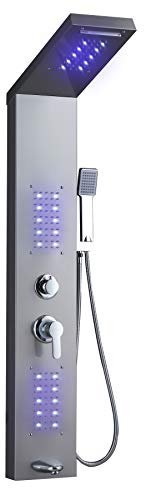 ELLO&ALLO LED Rainfall Waterfall Shower Head Rain Massage System with LED Body Jets, Stainless Steel Bathroom Shower Panel Tower System, Brushed Nickel
