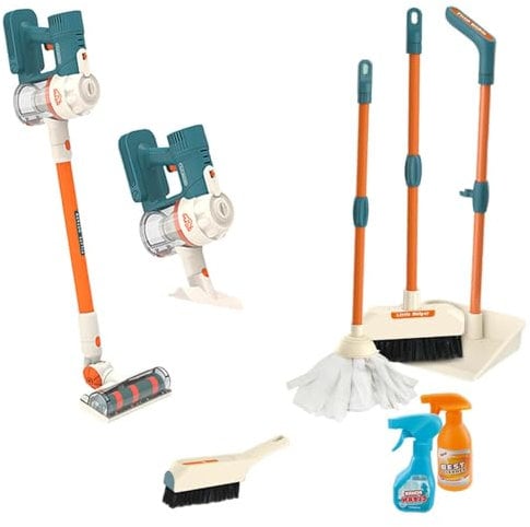 Coo11 Kids 3in1 Cordless Handheld Vacuum Cleaner Toy with Housekeeping Cleaning Kit Brush, Broom, Mop, Dustpan Pretend Play Set, Realistic Multifunctional Light & Music Role Playset for Ages 3+