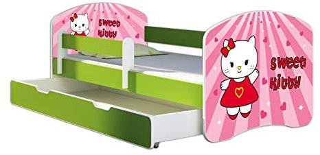 ACMA Kinderbett Jugendbett mit Einer Schublade und Matratze Grün mit Rausfallschutz Lattenrost II 140x70 160x80 180x80 (15 Sweet Kitty, 180x80 + Bettkasten)