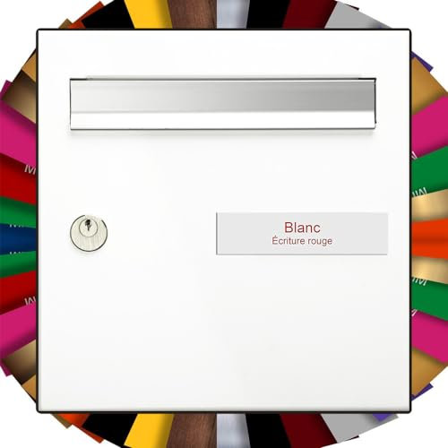 Plaque boite aux lettres adhésive PVC | Plaque gravée à personnaliser 10 x 2,5cm 1 à 3 lignes (Blanc Texte Rouge)