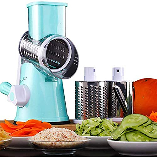 Cortador De Verduras Multifuncional Trituradora Rotativa Cortador De Tambor Tres En Uno, con 3 Cuchillas Giratorias De Acero Inoxidable. Cortadora De Mandolina Vegetal Blue
