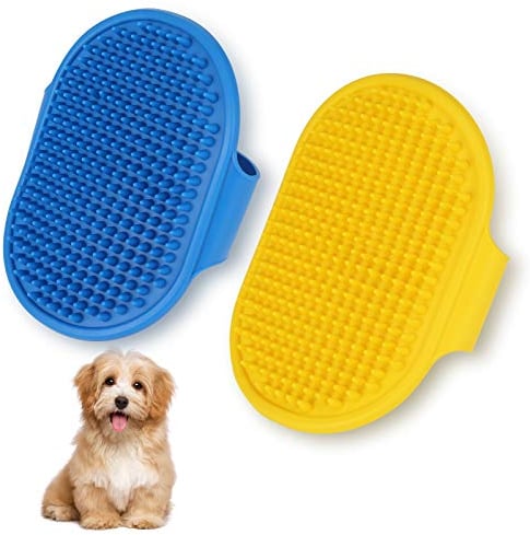 Heyu-Lotus Dog Bath Brush, 2 Pcs Pet Bath Brush with Adjustable Ring Handle, Soothing Massage Rubber Comb for Long Short Haired Dogs and Cats (Blue and Yellow)