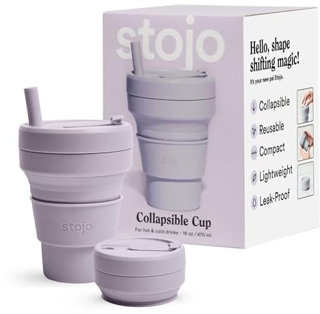 Stojo Collapsible Travel Cup With Straw - Lilac, 16oz / 470ml - Reusable To-Go Pocket Size Silicone Cup for Hot and Cold Drinks - Perfect for Camping and Hiking - Microwave & Dishwasher Safe