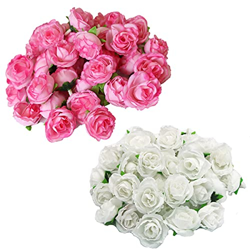 TAIANJI 50 Stück Künstliche Rosen Blumen Weiß und Rosa Künstliche Blumenköpfe Rosen Deko für Hochzeit Party Zuhause Deko DIY