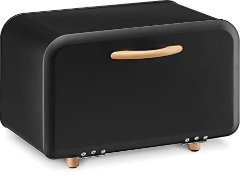 Navaris Bread Bin - Metal Bread Box Storage Tin with Front Opening Drop Down Door for Kitchen Counter or Shelf - Bakery Storage Container - Black