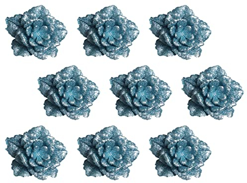 Weihnachtsbaumschmuck, glitzernd, Eisblau, 3D-Blume, 9 Stück