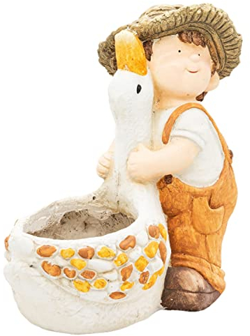 Wichtelstube-Kollektion XL Gartenfigur Dekofigur Martin mit Gans als Blumentopf Gartendeko Figuren für draußen ca. 40 cm groß Outdoor Gartendekoration