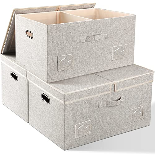 Storage Bins with Lids Fabric Closet Organizers Cubes Office Organization | 75 Quarts 3 Pack Beige Collapsible Stackable Linen Fabric 4 Handles Bedroom Closet Cabinet Under Bed Clothes Toy Office File