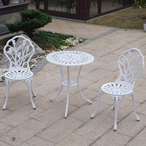 Kaili Patio Bistro Sets 3 Piece cast Aluminum Patio Furniture Outdoor Garden Metal Rust Proof Tables and Chairs White bisrto Set (Tulips-White)