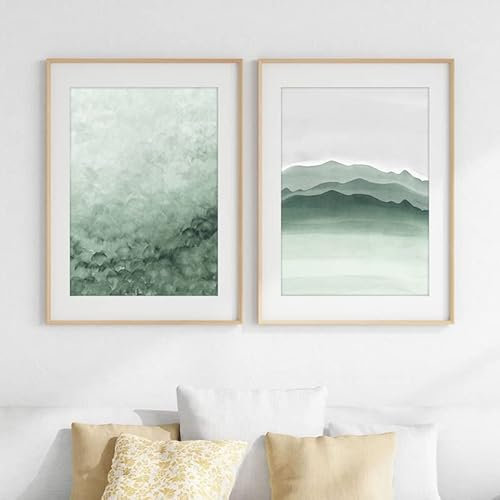 OTURRI Abstrakte Bilderdruck Salbeigrün und Grau Poster Kunstdrucke Aquarell Berge Wand Bilder Leinwand Gemälde Natur Wandbild Heimdekoration 40 x 60 cm x 2 ungerahmt