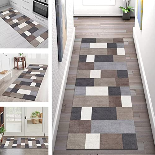 Teppich Läufer Flur Küche Teppichmatte Braun Weiß Dunkelgrau Geometrisch 120X250CM, Korridor Teppichläufer Küchenläufer Rutschfest Waschbar Tepiche für Wohnzimmer Schlafzimmer Esszimmer Küchenteppich