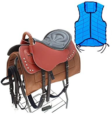 Reitsattel-Set REIT-Rückenprotektor Reiten Sicherheitsweste Körperschutzausrüstung für Herren Damen Kleinkind Kinder Jungen Mädchen (Blau L+B)