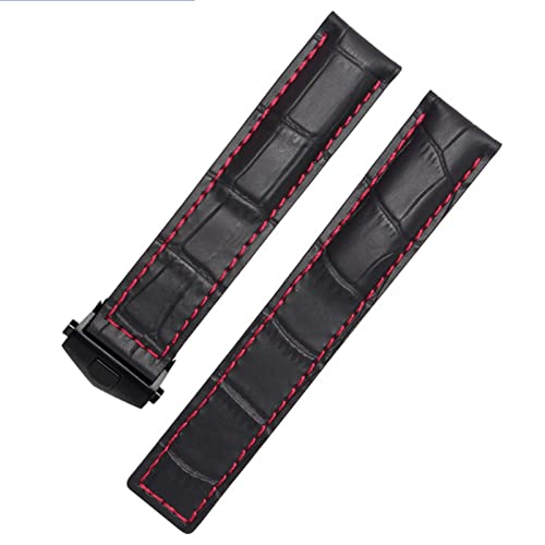 HAODEE Echtes Lederarmband für TAG heuer Armband blau schwarz braun Armband 19 mm 20 mm 22 mm mit Faltschließe Lederbänder (Farbe: Schwarz rot schwarz, Größe: 19 mm)