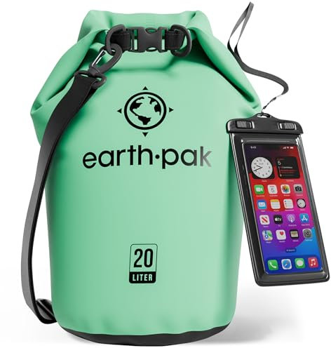 Earth Pak - Wasserdichter Packsack mit Schultergurt und wasserfester Handyhülle – Ideale Rolltop Tasche beim Kajak Fahren, Wandern, Camping, Angeln, Bootfahren und Rafting (Meerschaumgrün, 20L)