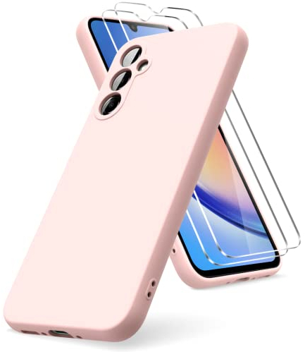 Vansdon Funda Compatible con Samsung Galaxy A34 5G, 2 Unidades Protector Pantalla Cristal Templado, Silicona Líquida Gel Ultra Suave Funda- Rosa