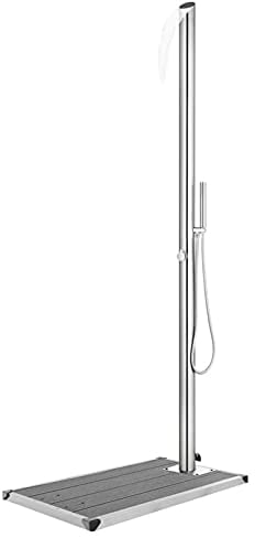 MOONAIRY Gartendusche mit Grauer Bodenplatte, Outdoor Shower, Garten Dusche, Außendusche Garten, Duschkopf Für Gartendusche, Aussendusche, 225 cm Edelstahl
