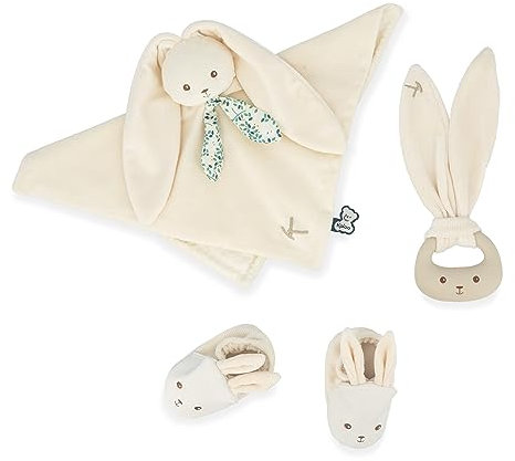 Kaloo - Lapinoo - Coffret de Naissance - Couleur Crème - 3 Accessoires Bébé - Doudou + Anneau de Dentition Bébé + Chaussons 11 cm - Dès la Naissance, K218013