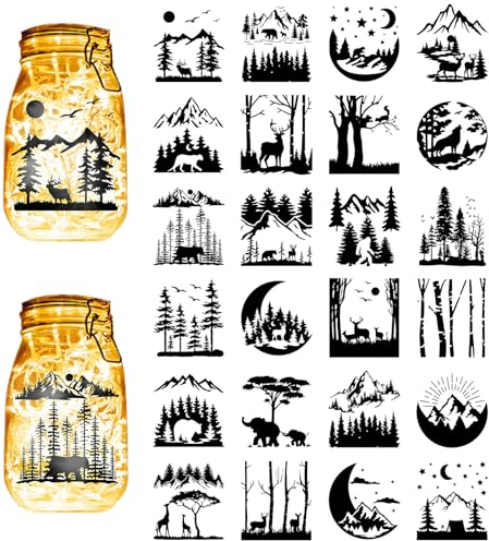 CREATCABIN 24 Stück Wald-Silhouetten,Einmachglas-Dekor,Berglaterne,Laserausschnitte,Ornamente,Tiere,Sammelalbum Für Milchglas,Wand,Fenster,Autos,DIY,Basteln,Weihnachten,Schwarz,10x9cm(Ohne Aufkleber)