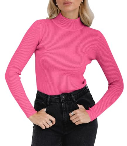 ORANDESIGNE Maillot de Corps à Manches Longues pour Femme Haut Col Roulé sous-Vêtements Automne-Hiver Chaud Solide Ajustée Pulls élastique Sweatshirt A Rose Rouge Taille Unique