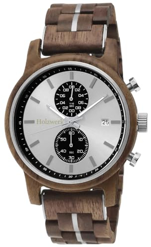 Holzwerk Germany Handgefertigte Designer Herren-Uhr Öko Natur Holz-Uhr Chronograph Armband-Uhr Analog Quarz-Uhr Braun Silber Datum Holz