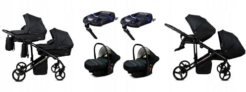 BabyLux® Kinderwagen Set 4 in 1 für Zwillinge - Trailux Duo - Onyx - incl. Babywanne, Buggy Sportsitz, Auto-Babyschale, ISOFIX-Basisstation - Autositz - Geschwisterwagen Zwillingskinderwagen