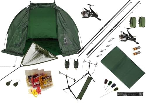 Deluxe Complete Carp Coarse Fishing 2x 3pc 12ft Rods and 2x 2BB Reel Combo Set Up Including Pod, Shelter/Bivvy Tackle Alarms, Bait,Hooks,Mat + More