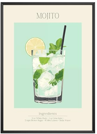 MJ-GRAPHICS - Poster Mojito - Bild mit Cocktail Rezept - Wandbild Din A4 in Galerie Qualität mit extra dickem 300g Posterpapier - Retro Poster Cocktail - FineArt Kunstdruck ohne Bilderrahmen