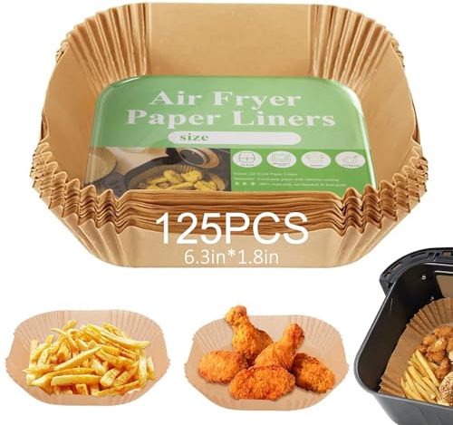 125 Pcs Carta da forno quadrata da 16 cm, Carta Forno per Friggitrice ad Aria, Carta per Friggitrice ad Aria, resistente all'acqua e all'olio, adatta per friggitrici ad aria calda, forni e vaporiere