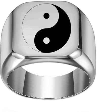 Beydodo Ringe Edelstahl Männer, Herren Ring Personalisiert Yin Yang 18MM Siegelring Freundschaftsringe Silber Ringe Nickelfrei Gr.70 (22.3)