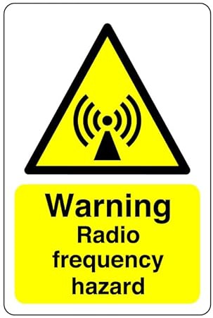 Warning radio frequency hazard sign - High tack self-adhesive sticker (200mm x 150mm) Viewing Distance within 5m.