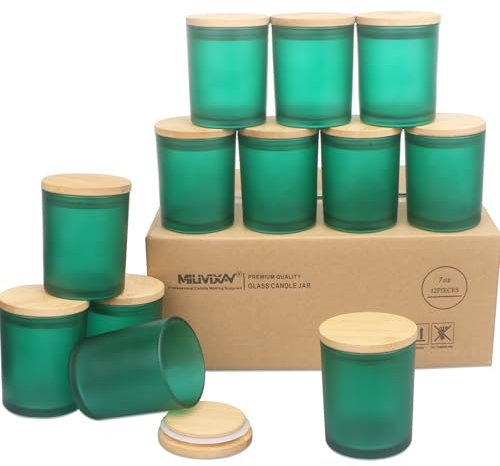 MILIVIXAY Paquete de 12 tarros de cristal grueso verde mate de 7 onzas con tapas, tarro de vela vacío a granel para hacer velas, recipientes de especias y polvo.