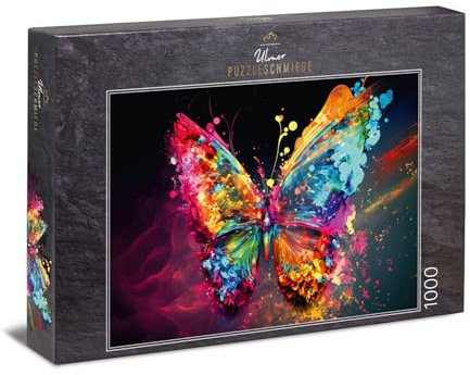 Ulmer Puzzleschmiede Butterfly Effekt - 1000 Teile Puzzle Schmetterling - Farbenfrohe Schmetterlings-Flügel als Farbexplosion vor Anthrazit-Hintergrund - Puzzle-Qualität Made in Germany