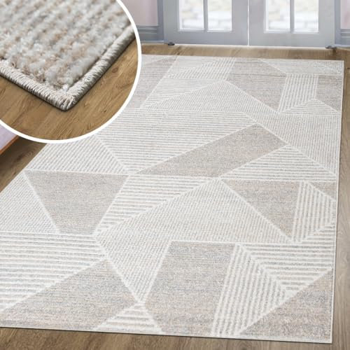 oKu-Tex Teppich Wohnzimmer | Harmonia | Wohnzimmerteppich | modernes Muster | geometrisch | Dreieck | Hoch-Tief-Effekt | Beige | 160 x 230 cm