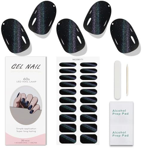 JMEOWIO Nagelfolie Schwarzes Katzenauge Gel Nail Nagelfolien Selbstklebend Nail Sticker Uv Härtend Dekoration Nageldesign Zubehör