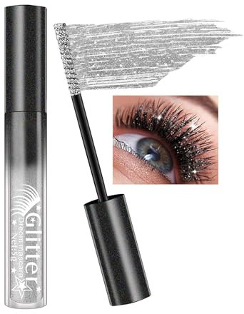 Mascara à Paillettes Argent, Diamant Pailleté Longue Durée Waterproof, Diamond Mascara Couleur Volume et Longueur, Anti-bavure, Maquillage Cadeau pour Femme Yeux pour Noël Anniversaire - 01