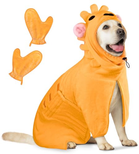 Hundebademantel Schnell Trocknend Badetuch aus Mikrofaser, Bibykivn Einstellbar Hundehandtuch mit Klettverschluss, Saugfähiger Hunde Bademantel mit Hut für Mittlere Große Hunde (Löwe, L)
