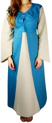 Leonardo Carbone® Damen Kleid Ilse | Trompetenärmel | Schnürung Vorne | Karneval, Halloween, Cosplay, LARP, Mittelalter, Kostüm, Gewand, Festkleid | 100% Baumwolle Taubenblau/Natur 3XL