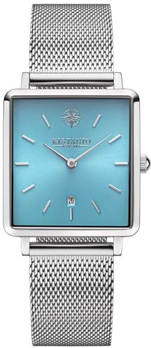 Kistanio Carre Damenuhr mit Milanaiseband Datum Edelstahl Hellblau Saphirglas CAR-SI-BLL-M
