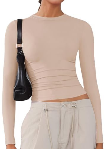 ARCFEETORY Women's Soft Long Sleeve Shirts Crew Neck Tops Basic Tees Stretchy Going Out Crop Tops Y2K Slim Fit T-Shirts Apricot M