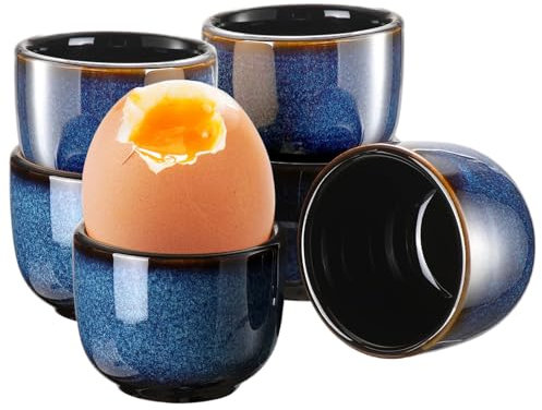 Caossuixin Set of 6 Ceramic Egg Cups, Vintage Blue Porcelain Egg Cups, High-Quality Ceramic with Glossy Surface, Egg Cup Set for All Egg Sizes, Blue Design with Colour Gradient