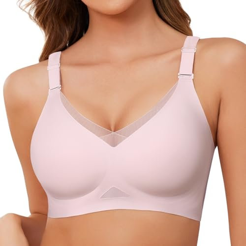 Lonya Soutien Gorge sans Armature Femme Push Up Dentelle Sexy Col en V Brassiere Classiques Bralette sans Coutures Rose,XL