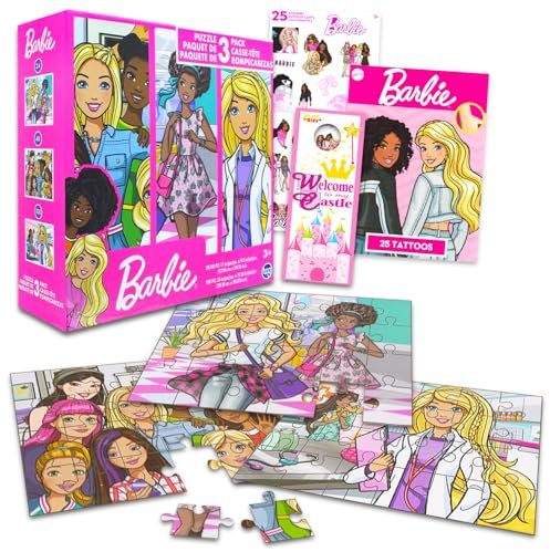 Barbie Puzzle-Set für Kinder, Mädchen, Bündel mit 3 Puzzles von Barbie und Freunden, plus Aufklebern, Tattoos, mehr (24, 48 und 100 Teile Puzzles)