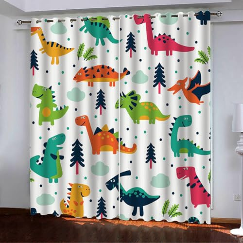 ZZTBQ Dinosaurier Muster Verdunklungsvorhänge mit Ösen Niedlich Cartoon Bunter Dinosaurier Druck2er Set H 160 x B 140 cm Thermovorhang gegen Kälte Ösenschal Dino Blickdichte Gardinen Schlafzimmer