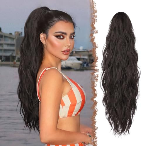 FESHFEN Extension Queue de Cheval avec Pince - Postiche Cheveux Brun Noir Naturel Ondulé Longue Ponytail Extensions Synthétique Fausse Rajout Postiches pour Femmes, 63 cm