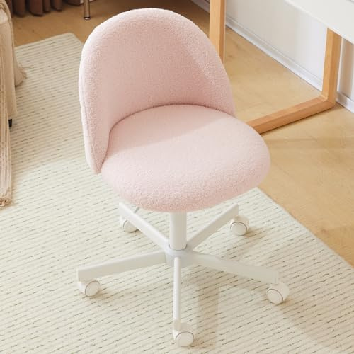 Bonnlo Silla de Escritorio, Silla Tocador, Oficina y Tocador, con Ruedas, Altura Regulable, Silla Compacta para Estudio, Dormitorio, Oficina en Casa, Tejido Teddy (Rosa)