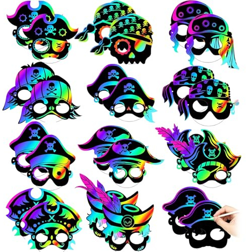Masken Kratzbilder für Kinder, 24 Stück DIY Papiermasken zum Dekorieren von Kindern Lustige Magie Scratch Art Masken Craft Kit für Geburtstag Cosplay Themenparty