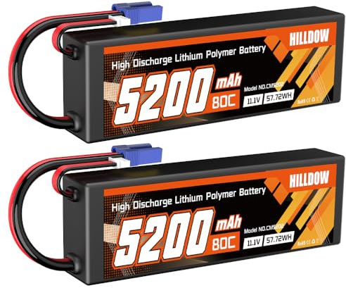 Hilldow Batterie LiPo 3S 11.1V 5200mAh 80C pour RC avec Boîtier Rigide et Connecteur EC5 pour Véhicules RC Voiture Buggy Truggy Avion Drone(Lot de 2)