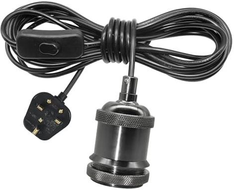 Plug in Pendant Light Cord, Metal E27 Hanging Lamp Fitting with 5M Cable and Switch, Black Ceiling Hanging Lighting Fixture with Lock Buckle (Bulb Not Included)