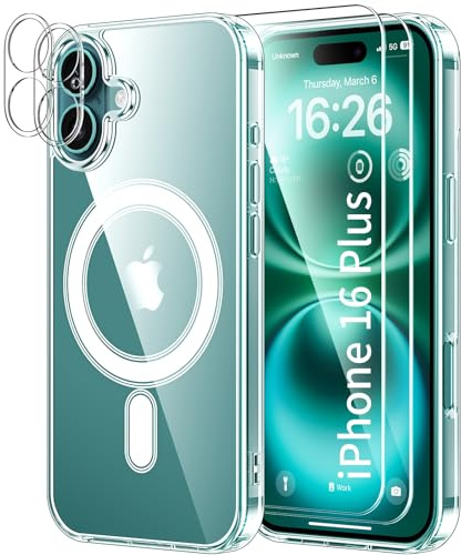 YNMEacc 5 in 1 Magnetic for iPhone 16 Plus Case 6.7-Inch with 2X Screen Protector + 2 Lens Protector, [Compatible with MagSafe] Slim Soft TPU Silicone Shockproof Anti-Scratch Phone Cover - Clear